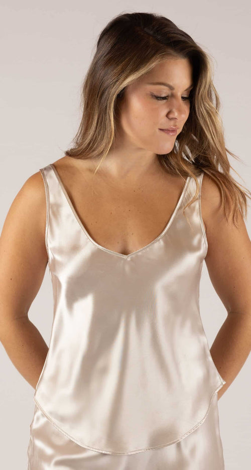 silver camisole and half slip