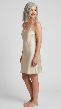 Satin Slip in Taupe Colorway Side View on Woman with off White background