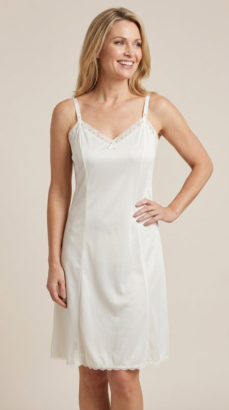 Woman wearing a ivory full slip against a beige background