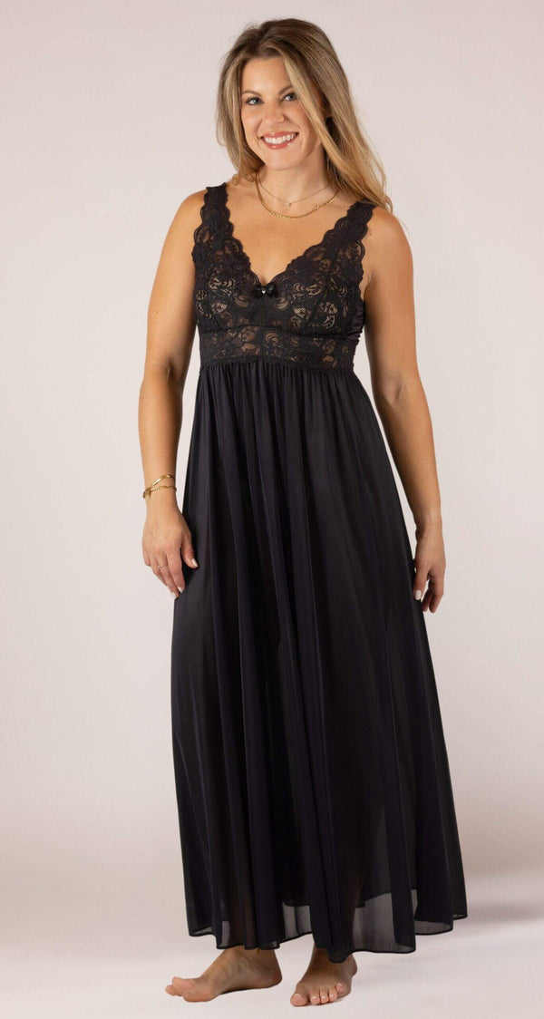 A woman wearing a Shadowline Silhouette Collection Lace Bodice Long Nightgown in the color Black