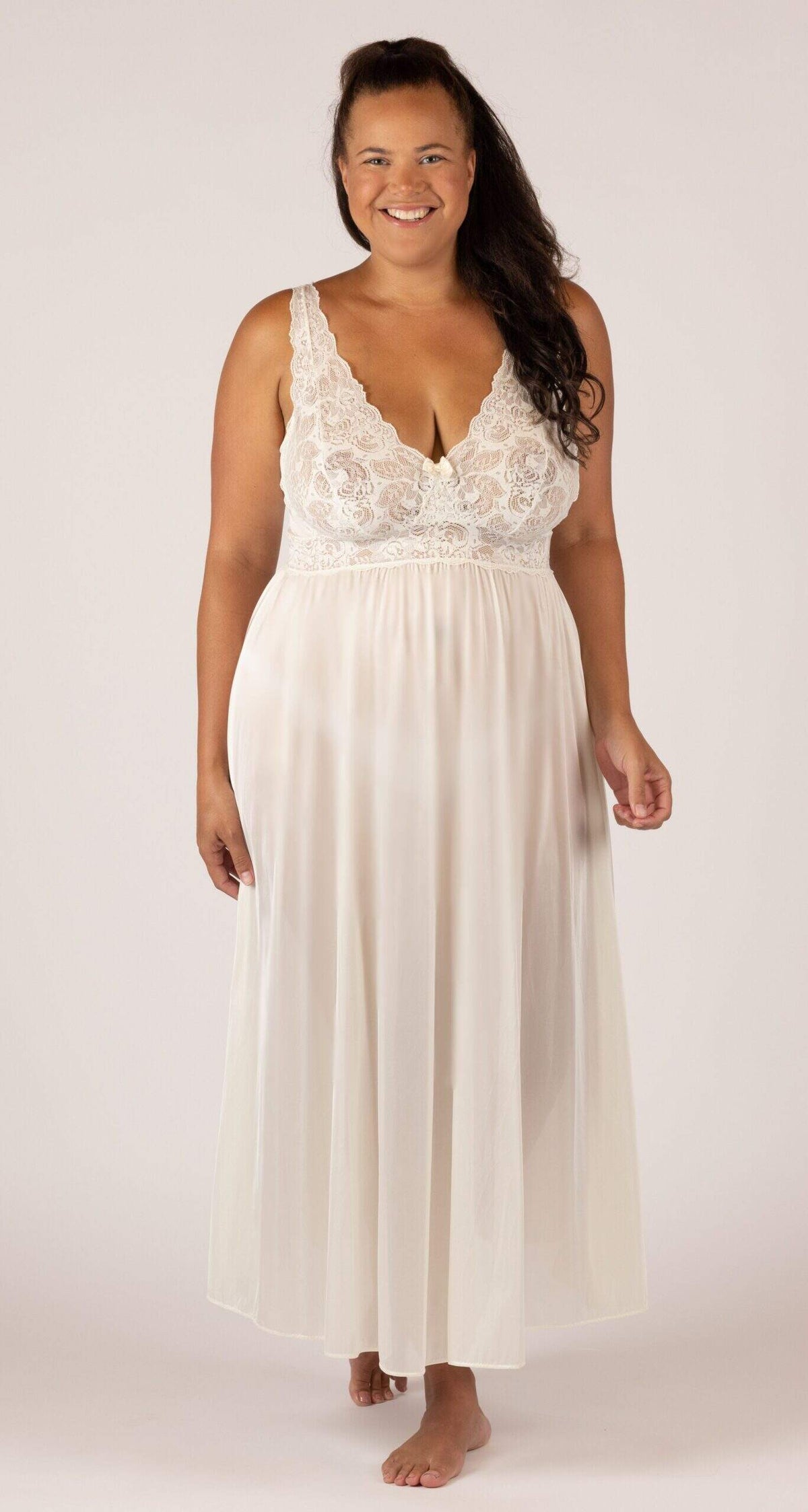 lace sleep dress SlesSic Mesh Nightgown Romantic Sheer Ruffle White / XL Discover the SlesSic lace mesh ruffle nightgown with sheer sleeves Amore Nightgown - Salt |