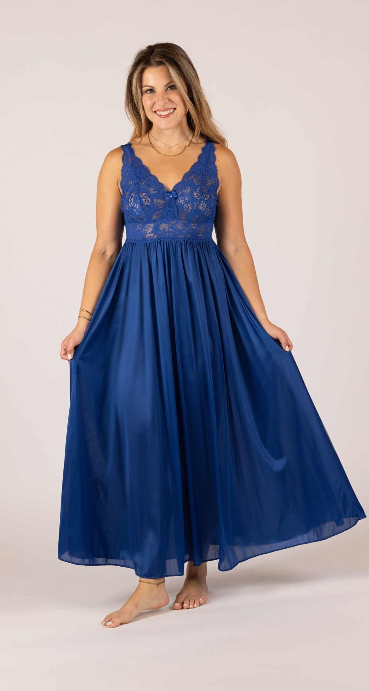 Navy Silhouette Lace Bodice Long Nightgown
