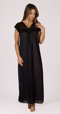 Silhouette Lace Cap Sleeve Long Nightgown in Black
