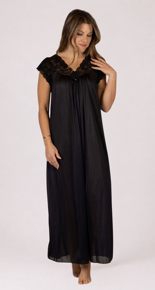Silhouette Lace Cap Sleeve Long Nightgown in Black