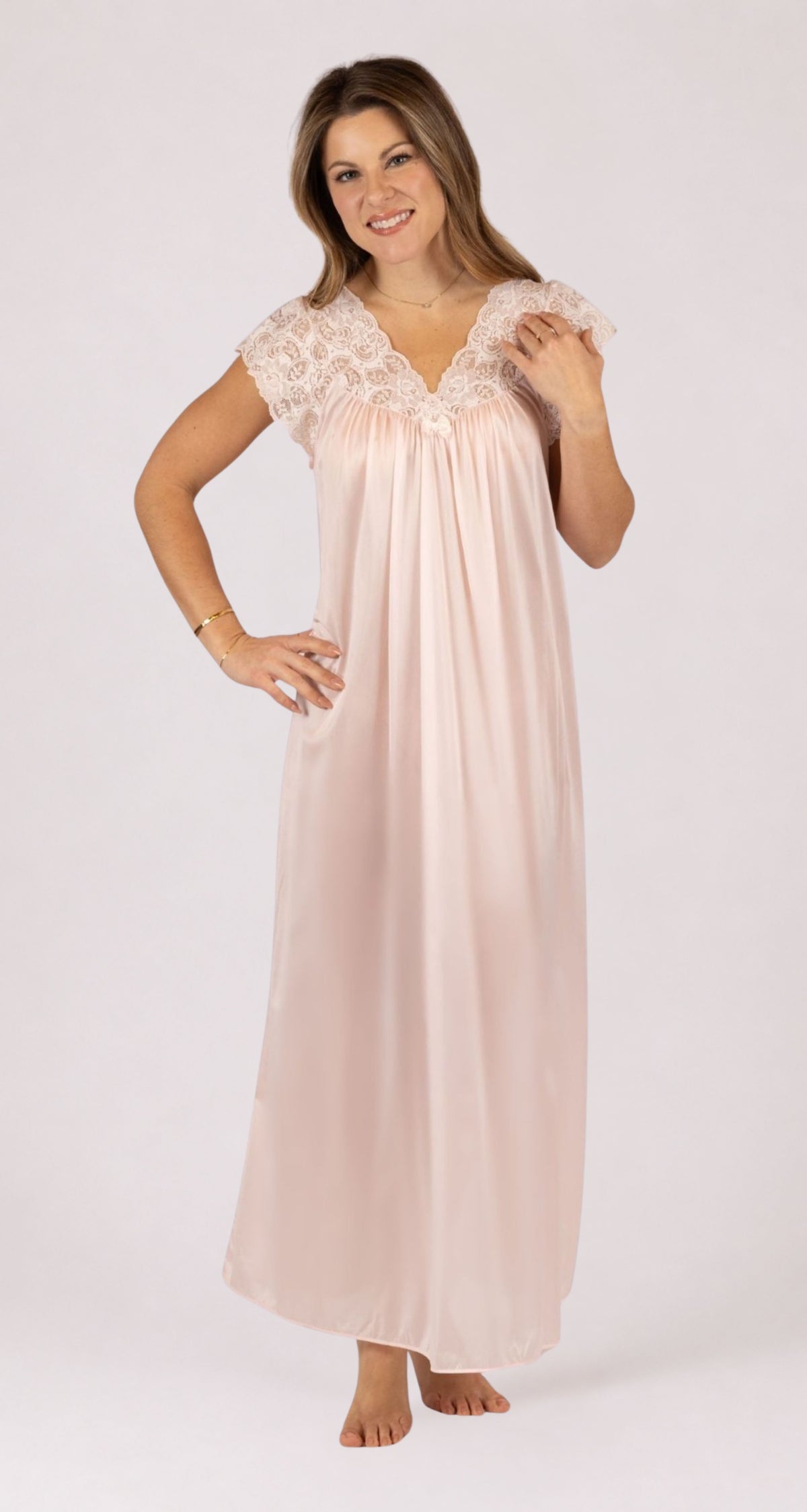 Silhouette Lace Cap Sleeve Long Nightgown in Blush