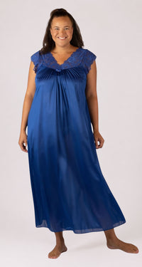 Silhouette Lace Cap Sleeve Long Nightgown in Navy