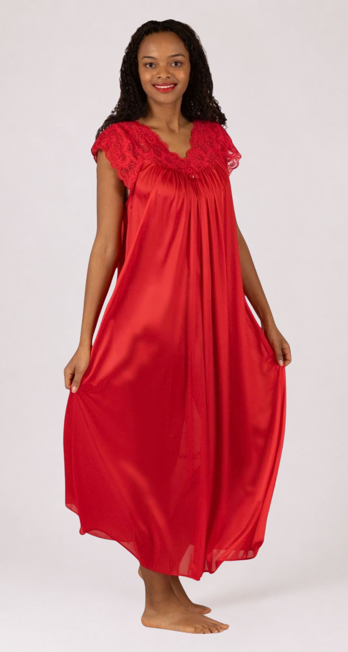 Silhouette Lace Cap Sleeve Long Nightgown in Red