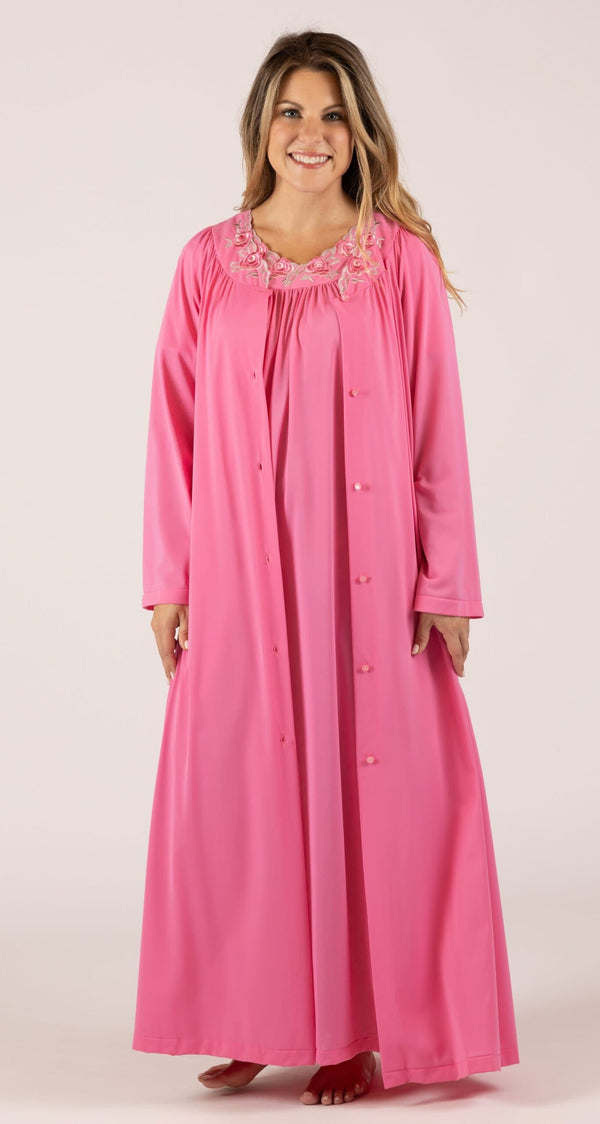 Rosey Pink Petals Long Sleeve Long Nightgown Paired with Matching Button Down Long Robe
