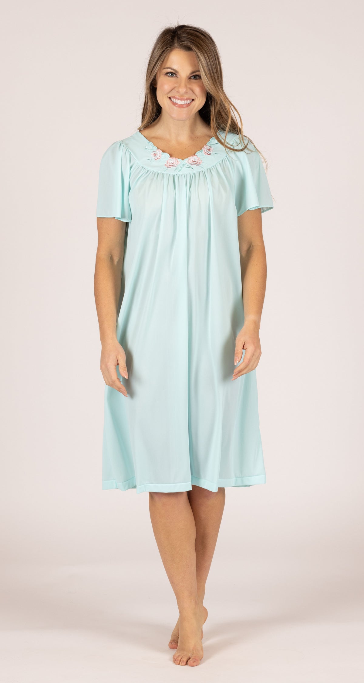 Petals Flutter Sleeve 40" Short Nightgown in Seafoam