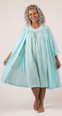 Seafoam Petals Sleeveless Short Nightgown Paired with Matching Button Down Short Robe