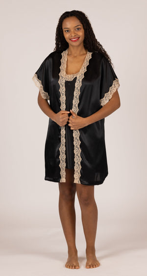Black Charming Lace Trip Satin Robe