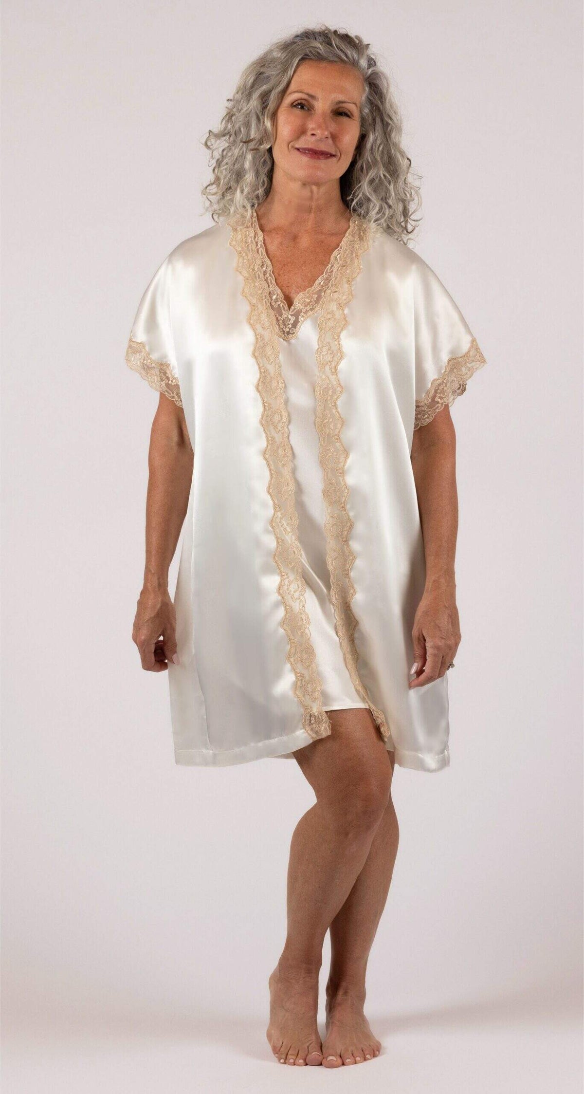Ivory Satin Lace Trim Robe