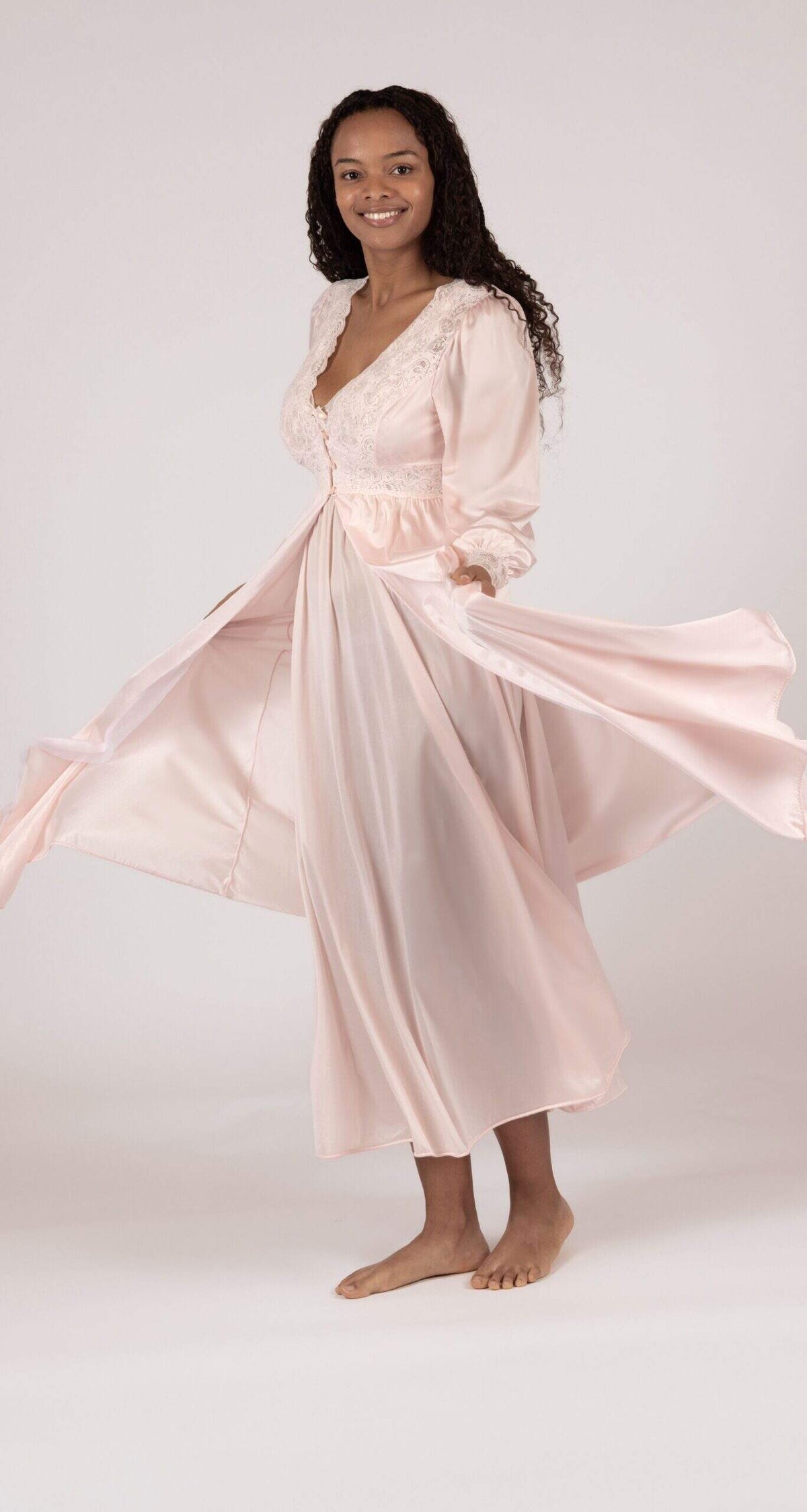 Blush Silhouette Lace Button Down Long Robe & Gown Set