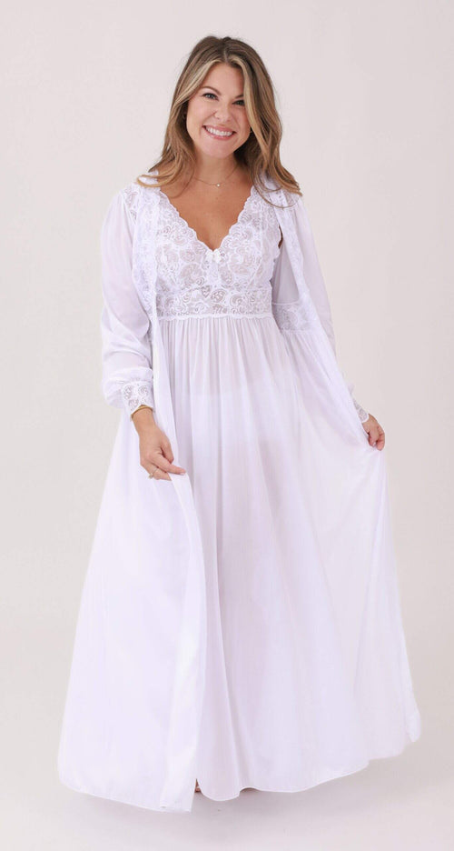 Diamond White Silhouette Lace Button Down Long Gown & Robe Set