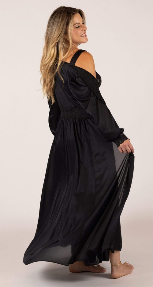 Black Silhouette Lace Gown & Button Down Robe Peignoir Set