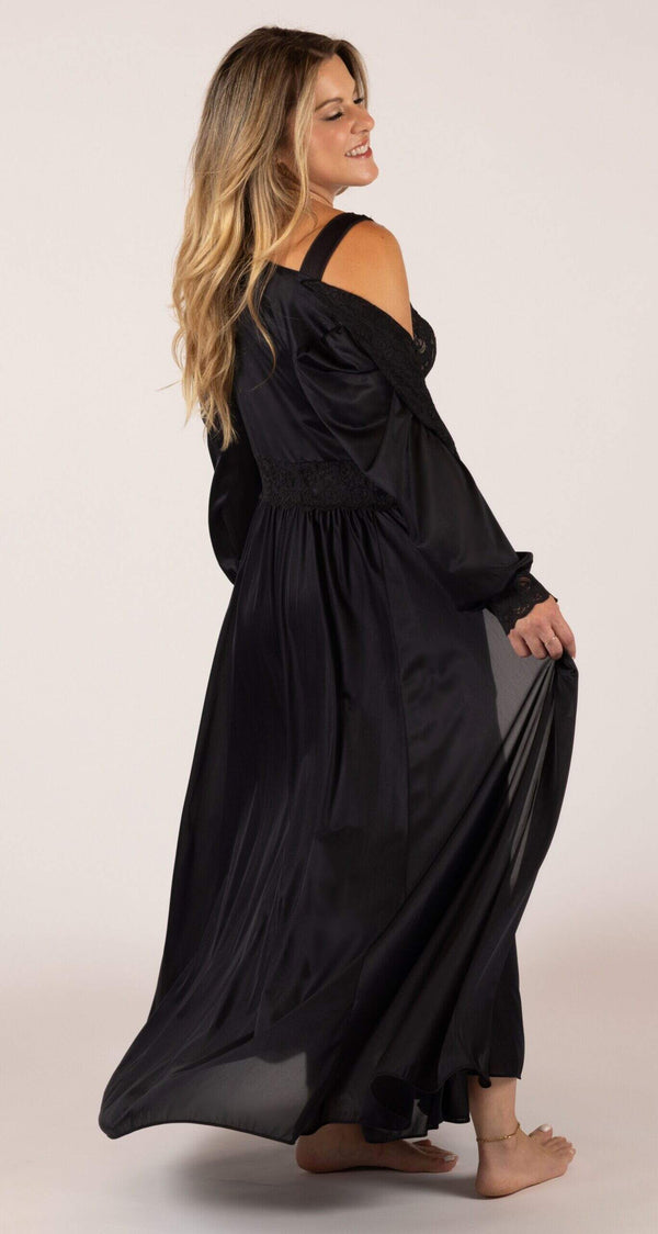 Black Silhouette Lace Gown & Button Down Robe Peignoir Set
