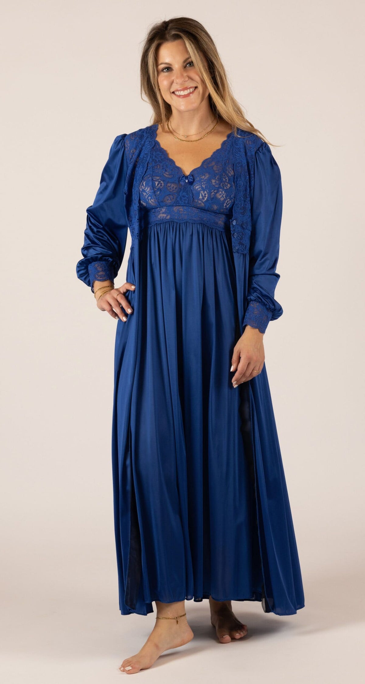 Navy Silhouette Lace Gown & Button Down Robe Peignoir Set
