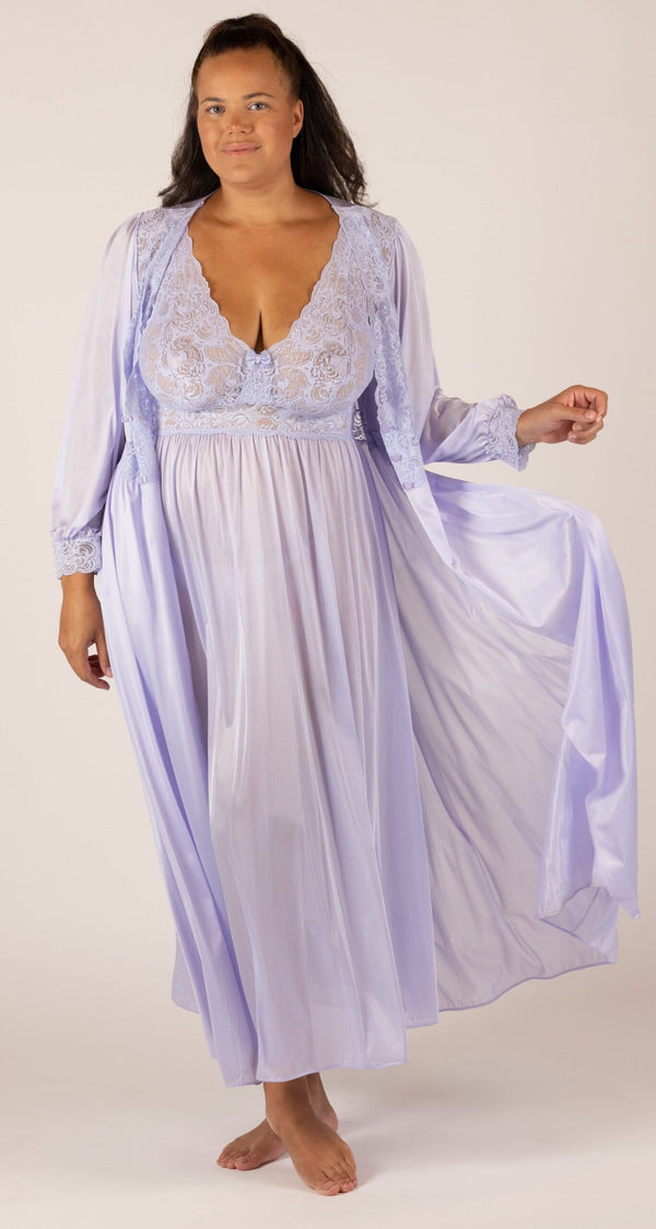 A woman wearing a Shadowline Silhouette Collection Lace Bodice Long Nightgown and Button Down Robe Peignoir Set in the color Peri Frost