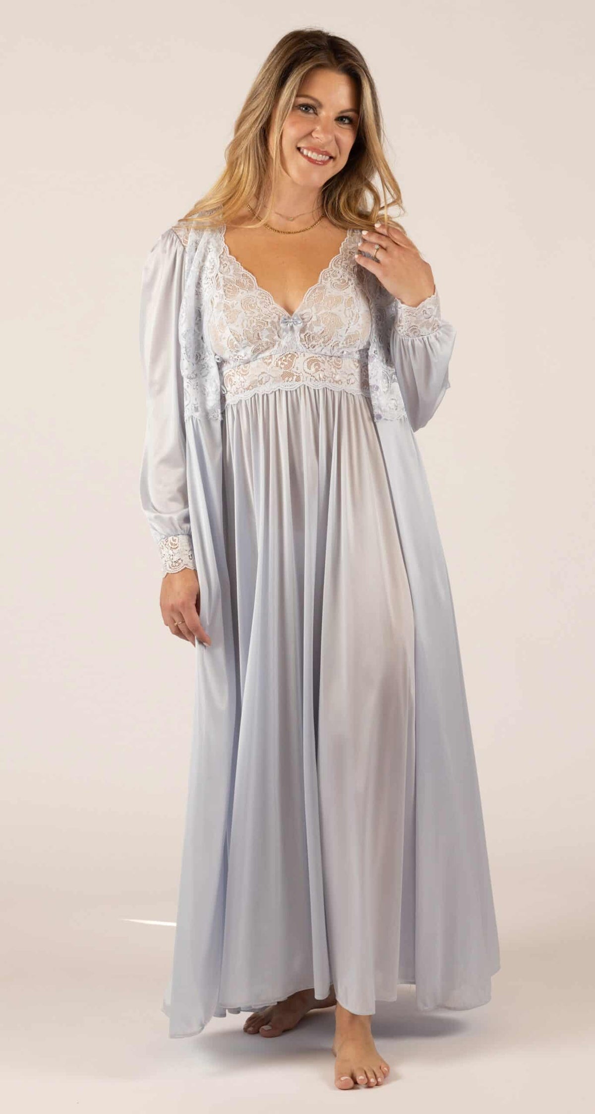 Silver Silhouette Lace Gown & Button Down Robe Peignoir Set