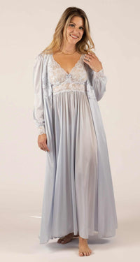 Silver Silhouette Lace Gown & Button Down Robe Peignoir Set