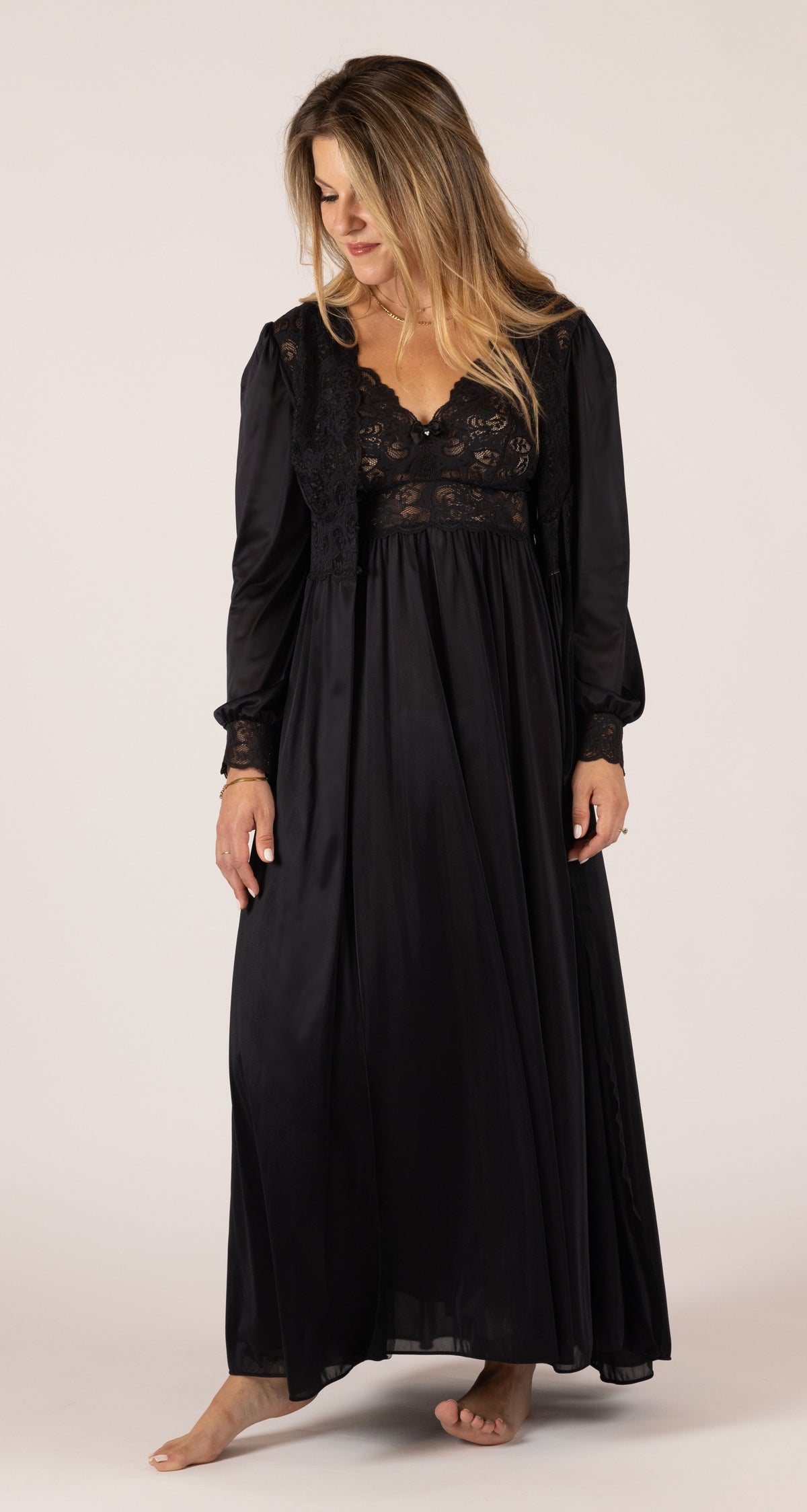 Shadowline® Lace Bodice Long Nightgown & Button Down Robe Peignoir Set