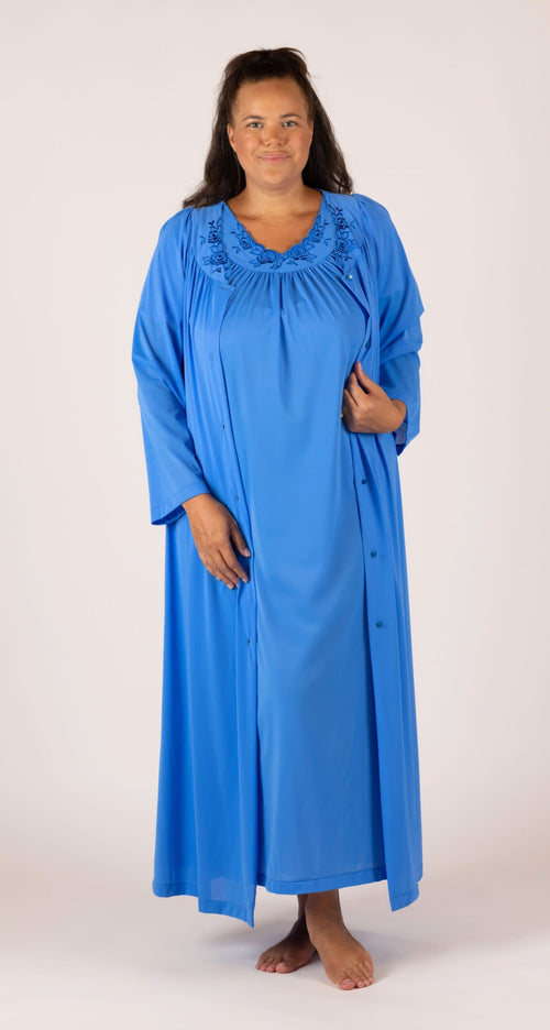 Woman wearing a Shadowline Petals Collection Long Sleeve Long Nightgown and Long Robe Set in the color Sapphire