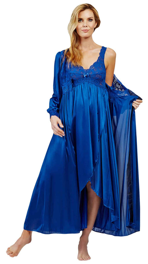 A woman wearing a Shadowline Silhouette Collection High-Low Gown and Peignoir Robe in the color Navy