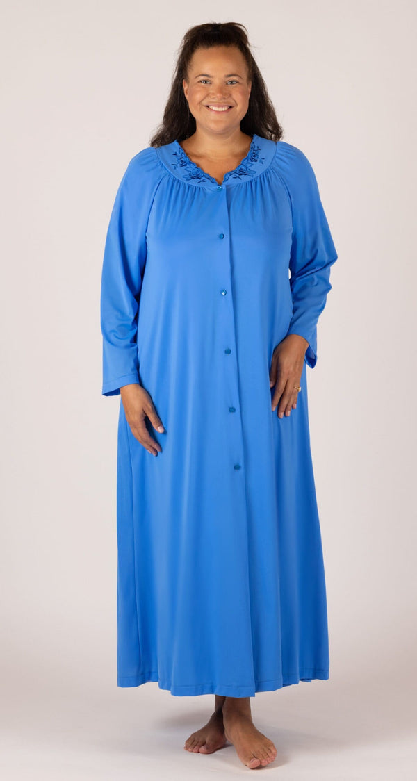 Woman wearing a Shadowline Petals Collection Long Sleeve Button Down Long Robe in the color Sapphire