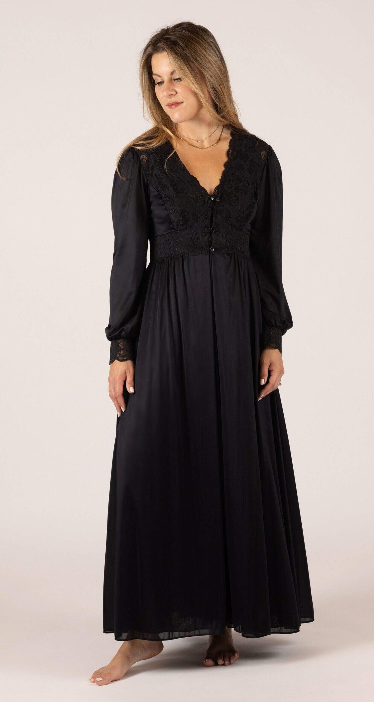Black Silhouette Lace Button Down Long Robe