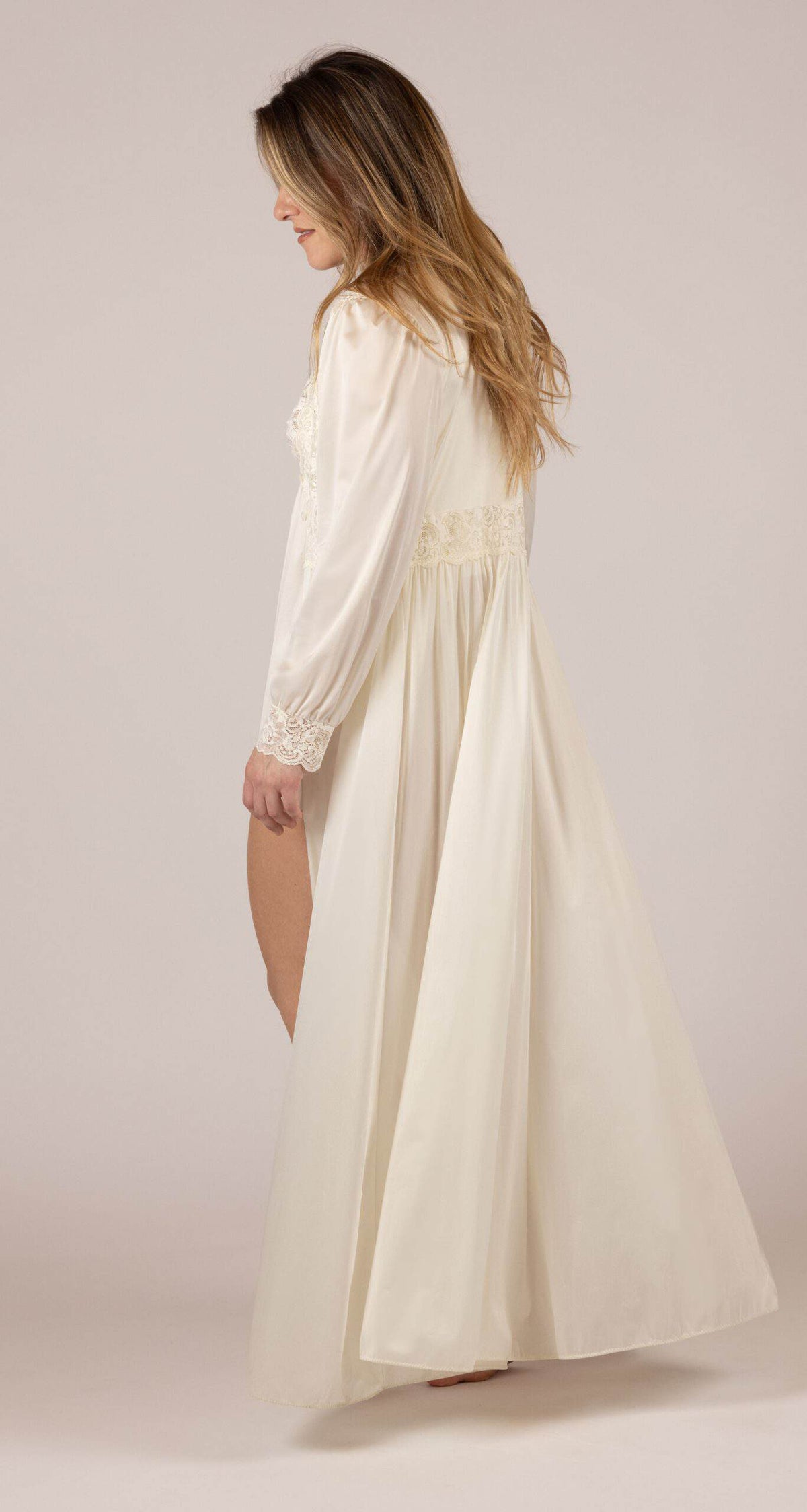 Ivory Silhouette Lace Bodice Button Down Long Robe