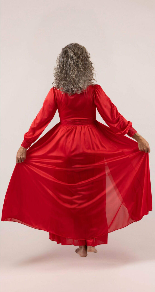 Red Silhouette Lace Bodice Button Down Long Robe Back View