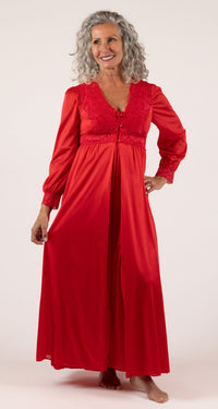 A woman wearing a Shadowline Silhouette Collection Lace Bodice Button Down Long Robe in the color Red