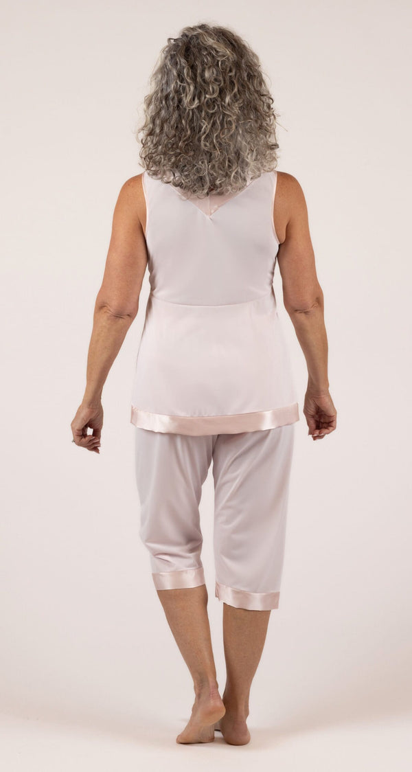Satin Touch Sleeveless Capri Pajama Set in Pink Back View