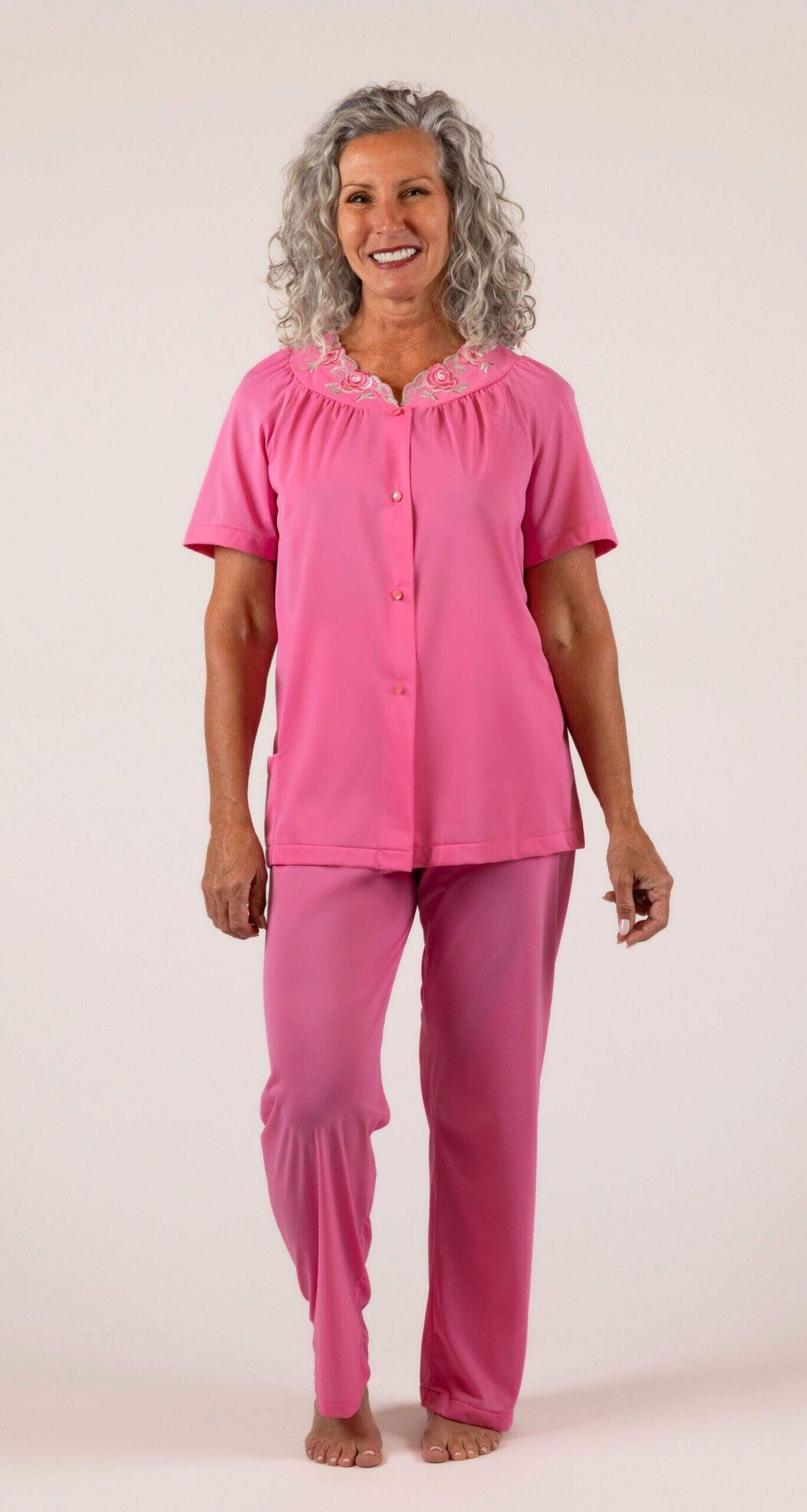 Rosey Pink Petals Short Sleeve Button Down Pajama Set