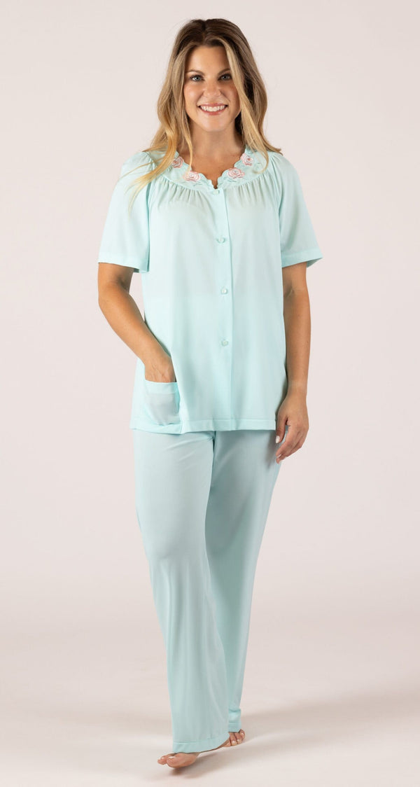 Woman wearing a Shadowline Petals Collection Short Sleeve Button Down Pajama Set in the color Seafoam