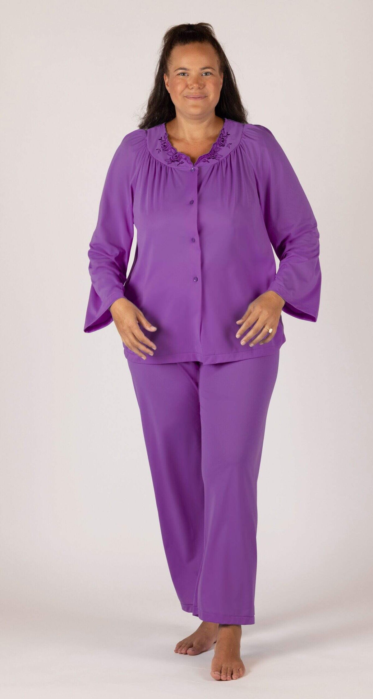 Purple Petals Long Sleeve Button Down Pajama Pant Set
