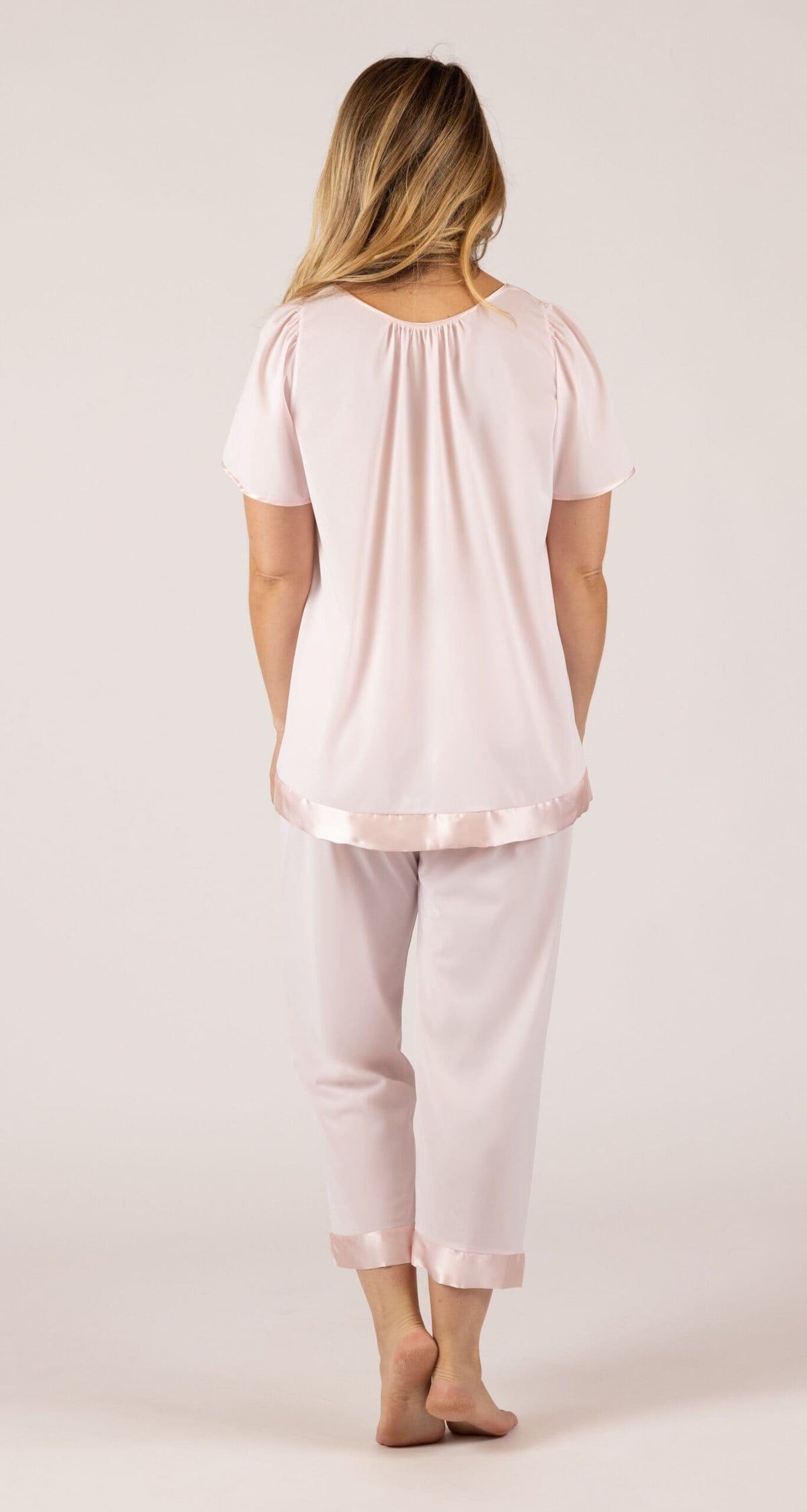 Satin Touch Flutter Sleeve Capri Pajama Set in Pink Back View