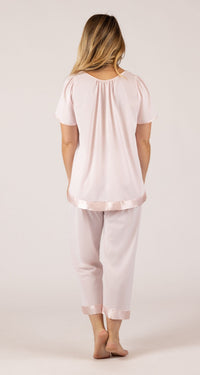 Satin Touch Flutter Sleeve Capri Pajama Set in Pink Back View