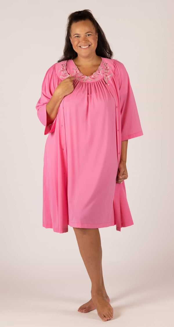 Rosey Pink Petals 3/4 Sleeve Button Down Short Robe Paired with Short Gown