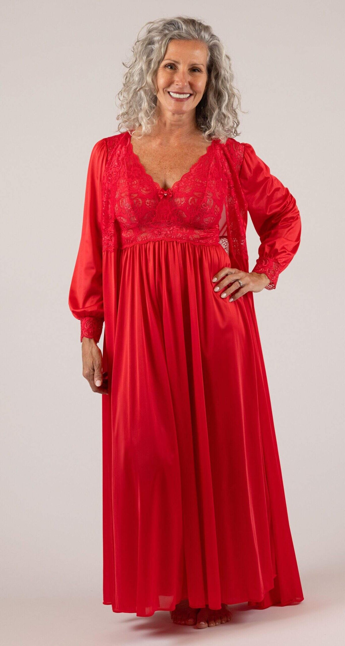 Silhouette Lace Bodice Long Nightgown Paired with Matching Robe