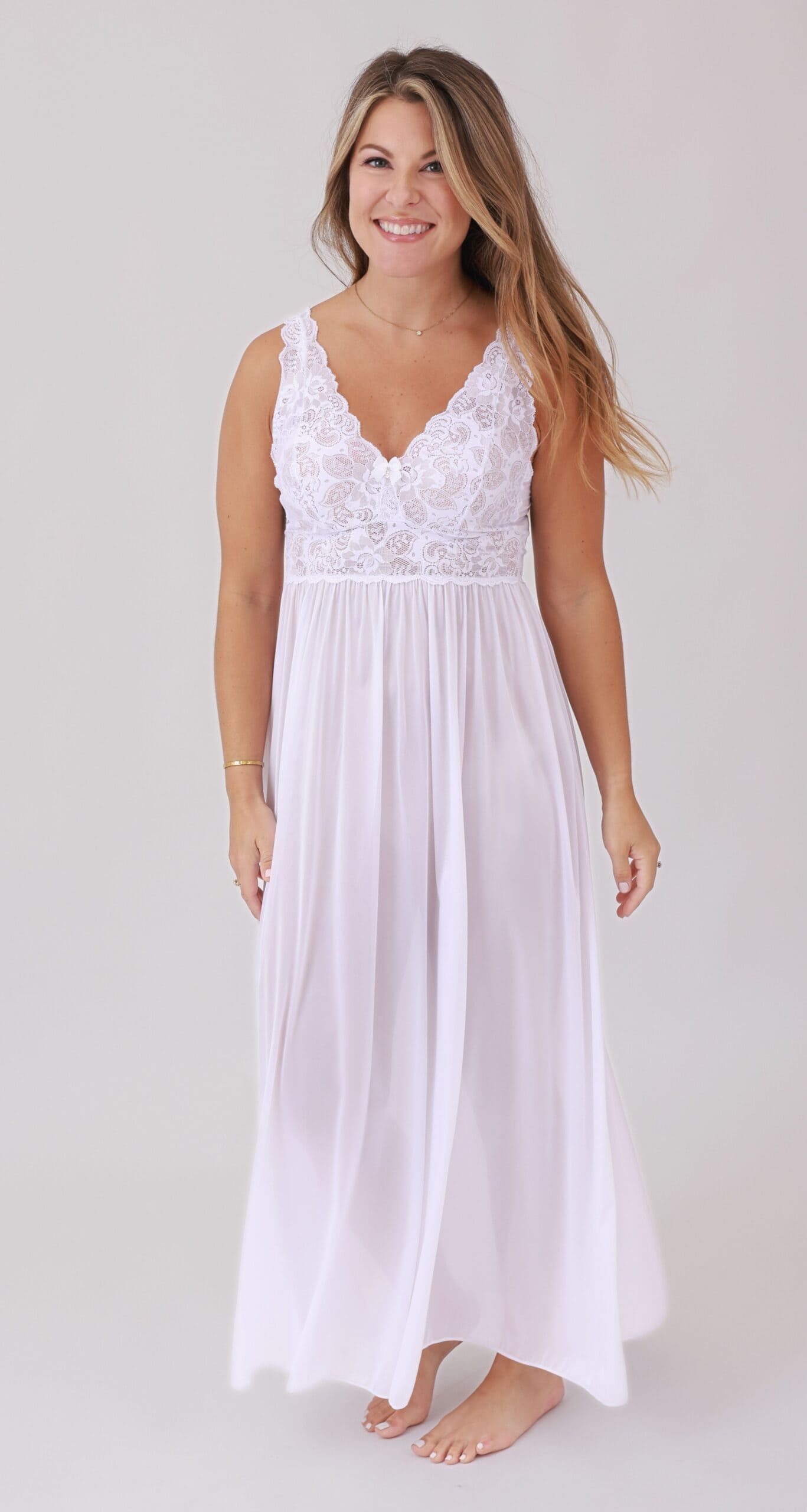 Shadowline® Silhouette Lace Bodice Long Nightgown with Added Support